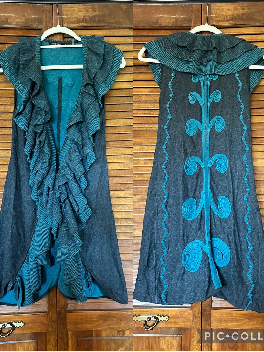 NIC+ZOE Turquoise and Gray Ruffled Sweater Vest Cardigan size medium